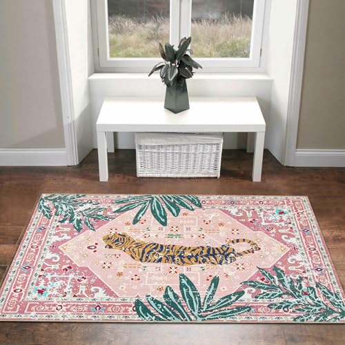 Hippie Rugs, 2x3 Faux Wool Tropical Pink Boho Throw Rugs for Bathroom Kitchen Small Indoor Entryway Rug Modern Vintage Distressed Indian Accent Floor Mat Non-Slip Washable - color: Pink, size: 2' x 3'