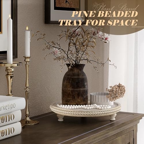EOSAHR Rustic Round Pine Wooden Display Riser – Farmhouse Beaded Wooden Trays For Decor, Plant Stand & Coffee Table – Display Risers for Room Decor & Kitchen Organizer (Light-Natural) - color: Light-Natural
