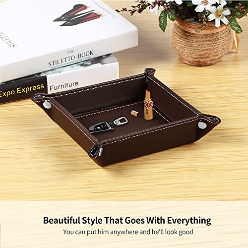 YAPISHI Key Dish Bowl for Men, Entryway Catchall Holder Bedside Table Valet Tray for Pocket Stuff, PU Leather Nightstand Organizer for Dice/Coins/Wallet/Watch/Rings/Sunglasses, Dresser/Coffee Table - color: Brown