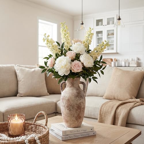 Ceramic Flower Vase with Handles,12" Neutral Tall Clay Terracotta Vases Farmhouse Table Vases with Handle Living Room Decor Rustic Pottery Pots for Home Shelf Coffee Dining Desk Fireplace - color: A-12"h-terracotta