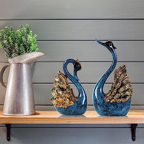 2pcs Swan Statues Couple's Home Decorations for Living Room Decor and Accessories, Sculptures Home Decor for Coffee Table, Book Shelf Decor Accents (Blue)