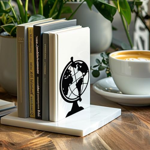 Peacoblue Metal Bookends for Shelves, Modern Decorative Heavy Duty Study Book Support Stoppers for Office, Desk, Shelf, Room 5.3"x4.3"x7.4" Cast Iron Simple Tall Bookends, 1 Pair (Globe) - style: Globe