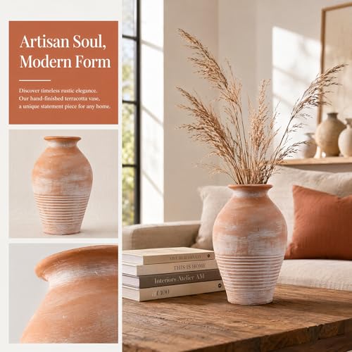 Ceramic Flower Vase Home Decor | Farmhouse Pottery Rustic Vases | Vintage Terracotta Vase | Boho Distressed Vase Decorationfor Centerpieces, Living Room, Fireplace (9.2" Retro)