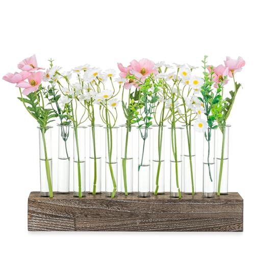 NUPTIO Vase Wedding Centerpiece for Table: 15" Long Rectangular Wooden Base and 12 Pcs Glass Test Tube Bud Vases for Flower Arrangement Dining Table Center Piece Home Decor Gifts for Plant Lovers