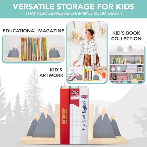 Decorably Gray Mountain Book Ends for Kids Books - 1 Set Non-Skid Wooden Decorative for Girls and Boys Room, Baby's Nursery, Classroom Decor