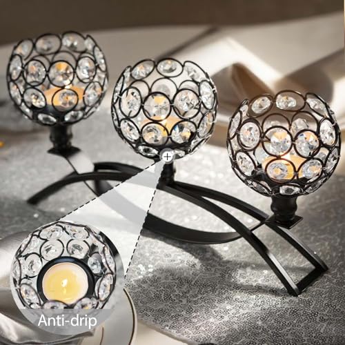 Crystal Tealight Candle Holder Centerpiece Home Decorative Candlestick Holder Elegant Table Centerpiece Home Decor Wedding Party Anniversary (Black, 3 Arm of 4 Pcs) - color: Black, size: 4 Pieces