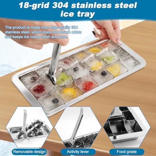 Stainless Steel Ice Cube Trays, 18-Slot Metal Ice Cube Trays for Freezer, Vintage Inspired Design with Release Lever Remove Handle for Making Large Cubes Kitchen & Bar
