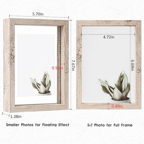 MUYE 5x7 Floating Frames Distressed Beige White Wood Pattern,Double Glass Picture Frame Display Any Size Photo up to 5x7,Wall Mount or Tabletop,2 Pack - color: Beige, size: 5x7