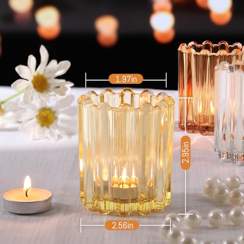 HAVITI Votive Candle Holder, Orange Ribbed Votive Candle Holders Set of 12, Mixed Color Tealight Candle Holder for Wedding Centerpieces Dinner Party Table Decor - color: Clear&orange&yellow