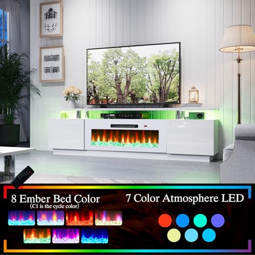 AMERLIFE Fireplace TV Stand with 40" Fireplace, 80" Modern Fireplace Entertainment Center LED Lights, 2 Tier TV Console Cabinet for TVs Up to 90", White & White - color: White & White, size: 80"