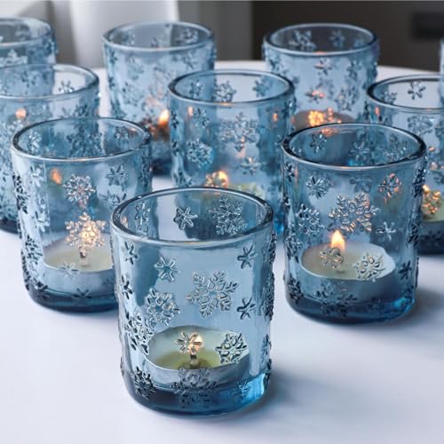 VOHO Blue Snowflakes Embossed Votive Candle Holders Set of 24, Glass Tealight Candle Holder for Seasonal Festival & Christmas Decorations, Beautiful Blue Candle Holders for Tea Lights/Votive Candles - color: Blue