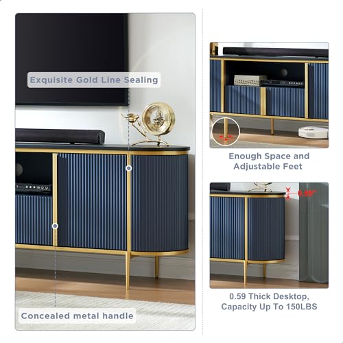 OKD Luxury 70" Fluted TV Stand, Modern Chic Entertainment Center for TVs Up to 80 inches, TV Console with Faux Marble Top, Curved Profile Design, Media Console for Living Room, Navy Blue - color: Navy Blue, size: 70" TV Stand without Fireplace
