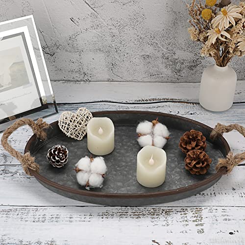 Hipiwe Galvanized Metal Iron Oval Tray with Rope Handle Farmhouse Serving Tray Rustic Industrial Decorative Centerpiece for Coffee Table Weddings and Parties Decor,Small - size: 14.2" x 9.1" x 1.2"