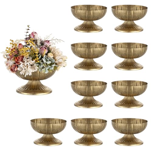 NUPTIO Gold Compote Vase for Centerpiece: 8.5" Wide Short Pedestal Footed Bowl for Flowers - Distressed Brass Urn for Decorative Wedding Table Set of 10 - size: 5.4“H - 10pcs