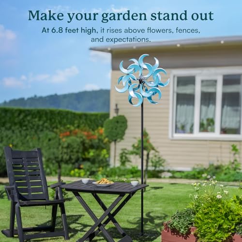 87" Wind Spinner Outdoor with Solar Light, Large Metal Wind Sculptures Spinners, Windmill for Garden Yard Patio Lawn Decor - Azure Moon (23" W x 87" H) - size: Azure Moon