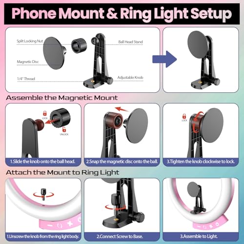 UBeesize 12'' LED Ring Light with 62'' Tripod Stand and Magnetic Phone Holder, Selfie Ring Light for Video Recording, Live Streaming, Compatible with iPhone & Android (Pink) - color: Pink Magnetic, size: 12-in