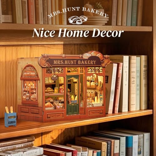 Cutefun Book Nook Kit - DIY Miniature Bread Shop Booknook Kits for Adults and Teens, 3D Wooden Puzzle Bookend Bookshelf with LED Light, Creative Crafts Gifts for Book Lovers (Mrs.Hunt Bakery) - style: Mrs.Hunt Bakery