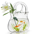 Glass Purse Vase for Flowers, Clear Bag Vase with Handle, Unique Handbag Shape Decorative Fish Bowl for Cute Room Table Shelf Decor, Wedding Centerpiece