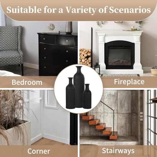 Sziqiqi Large Black Vases Tall 27inch - Metal Floor Standing Vase Set of 3 Modern Honeycomb Texture Big Standing Vase for Living Room Dining Bedroom Home Corner Hallway Indoor Office - style: Large Black Vases