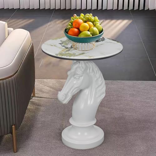 White Horse Side Table - End Table with Faux Marble Top Unique Horse Statue Decor for Living Room Bedroom Entryway Elegant Animal Sculpture Unique Horse Lover Gifts - color: White Horse Base