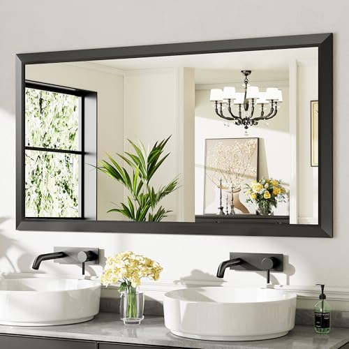 Briivue 55x30 Inch Black Bathroom Mirror for Wall, Thick Metal Framed Rectangle Mirrors for Over Sink, Bedroom, Living Room, Entryway, Anti-Rust, HD Tempered Glass - color: Black, size: 55"L x 30"W