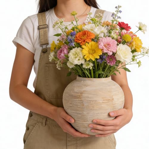 Large Rustic Ribbed Vase Home Decor - 8.8 in Ceramic Vintage Farmhouse Vases for Decor, Decorative Terracotta Round Bowl vase for Living Room, Table, Shelf, Kichen Décor - style: 01 - Large Rustic Ribbed Beige