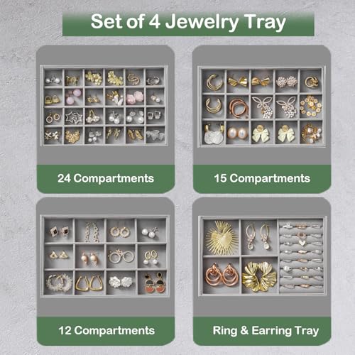 Jewelry Drawer Organizer, 4 Set of Stackable Jewelry Trays for Drawer Inserts Velvet Organizers and Display Storage for Earring Necklace Rings Bracelets (Gray)