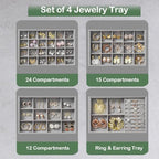 Jewelry Drawer Organizer, 4 Set of Stackable Jewelry Trays for Drawer Inserts Velvet Organizers and Display Storage for Earring Necklace Rings Bracelets (Gray)
