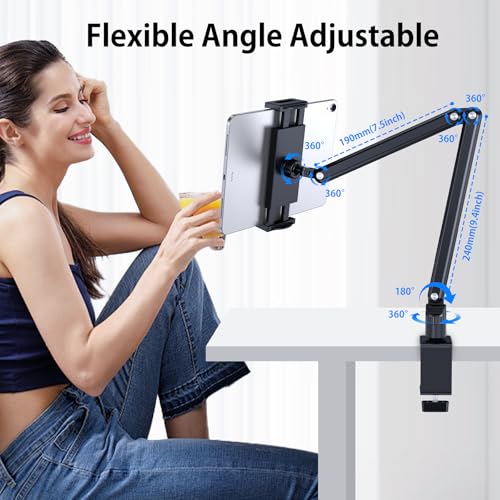 Tablet Stand Holder, Aluminum iPad Desk Mount Bracket, Tablet Arm Mount Holder with 360°Rotating Metal Base, Fits for iPad Air Pro Mini, Phones, Samsung Galaxy, Kindle, All 4.7-13 Inch Devices - size: High - Two Arm Mount