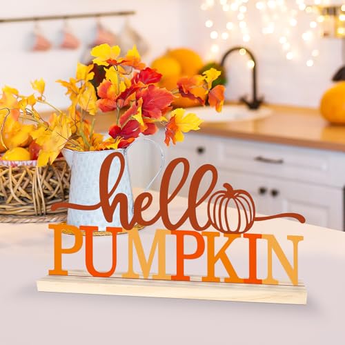 COCHIE Metal Hello Pumpkin Sign, Orange Fall Decorations for Home, Office, Shelf, Mantel, Indoor, Autumn Pumpkin Decoration, Hello Fall Decor (Autumn A) - style: Autumn A