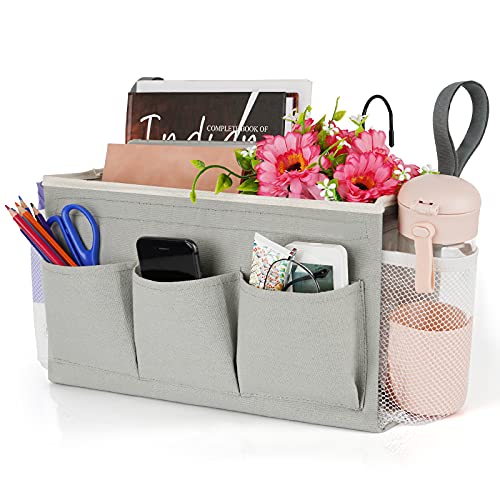 Lilithye Bedside Storage Organizer with Fixed Straps and Water Bottle Holder for Home, College, Dorm, Bunk / Hospital Bed, Crib Bed Rails (Grey) - color: Grey