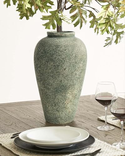 Green Ceramic Vase 11 Inch, Large Tall Decorative Vase for Centerpieces, Farmhouse Rustic Flower Vase for Home Decor, Living Room, Console, Wedding - color: Rustic Green-11"