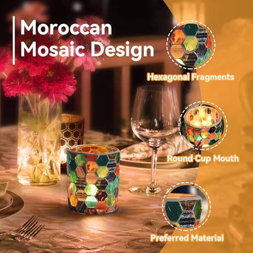Moroccan Mosaic Glass Tea Light Candle Holder, Vintage Glass Cup Candlestick Tabletop Ornament, Mosaic Candle Holder Stained Tealight