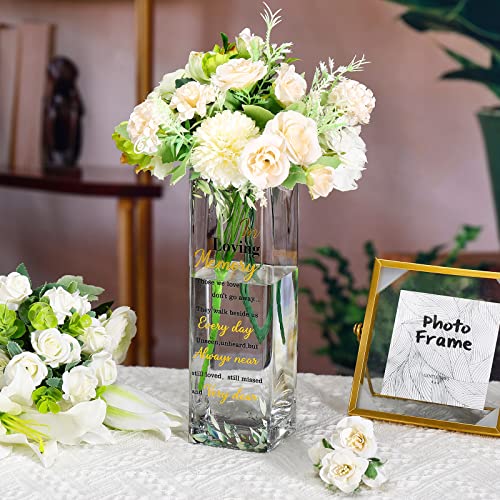 Hoolerry Botanical Theme Memorial Glass Vase with Sympathy Verse, Clear, Rectangular, 3.15 x 3.15 x 9.84 Inches, Decorative Flower Vase for Funeral, Memorial Parties, Table Top Centerpiece