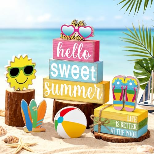 Vercraft 11 Pcs Summer Hawaiian Table Decorations Set Summer Tiered Tray Decor Flip Flops Centerpiece Faux Book Stack Block for Table Home Office Decorations - style: Pool