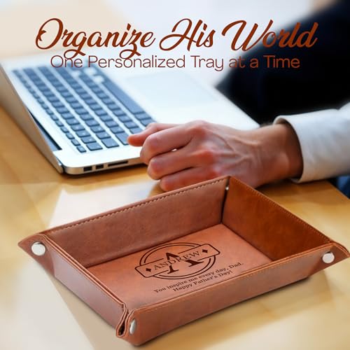 Personalized Engraved Leather Tray for Him – PU Valet Leather Catchall Organizer for Men, Father's Day Custom Gift, Organizer for Dresser, Desk, Nightstand – Custom Men Travel Valet Tray - style: Fathers Day