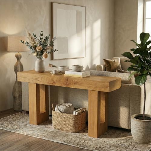 FURSUN 63" Farmhouse Console Table with Drawers, Narrow Sofa Table Behind Couch, Slim Entryway Table with Storage for Hallway, Living Room, Natural Oak - color: Natural Oak