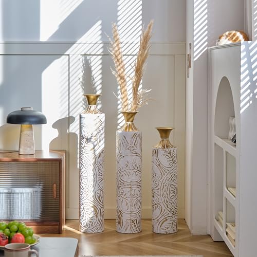 Floor Vases, Tall Home Decor Metal Vase Set of 3 Large Glazed Decorative Vases for Wedding Decor, Elegant Modern Flower Holder for Living Room, Entryway, Hallway, Dining Room - color: Ivory Vine Gold