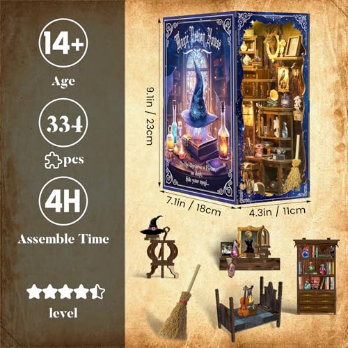 DIY Book Nook Kit for Adults, 3D Wooden Puzzle Bookshelf Insert Decor with LED Light & Stickers, Dust Cover,Miniature House Craft Gifts for Family,Friends and Book Lovers（Magic Potion House） - style: Magic Potion House