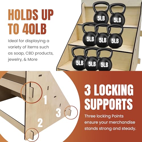 Wooden Portable Retail Table Display Stand Countertop 3 Step Riser Craft Shows, Farmers Markets Tradeshows |No Hardware Assembly Flat Pack Soap Display CBD Jewelry Spices Cups Tumblers Coasters