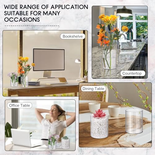 Vesici 20 Pcs Plastic Cylinder Vase Acrylic Cylinder Vase Bulk Small Clear Flower Container Hurricane Candle Holder Round Wide Container Centerpiece for Home Office Wedding Decorations (4 Inch) - size: 4 Inch