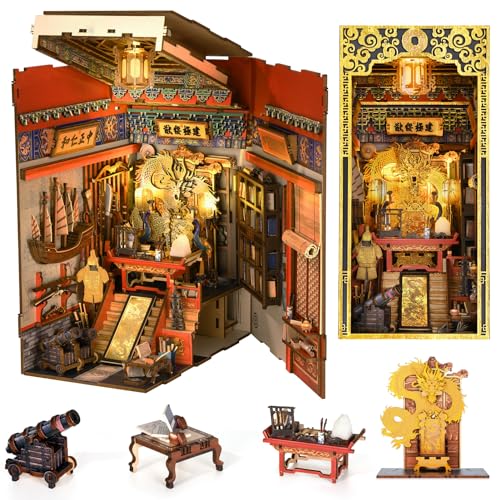 MiniCity DIY Book Nook Kit for Adults, 3D Wooden Puzzle Bookend Bookshelf Insert Decor with LED Light and Dust Cover (The Emperor's Study) - style: The Emperor's Study