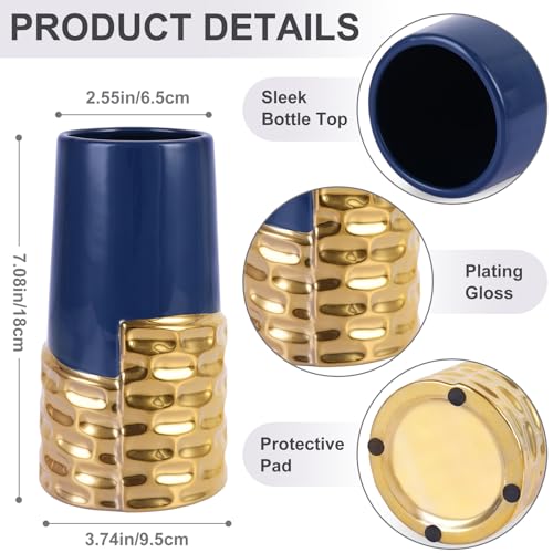 LCCCK 7.0" Gold Hammered Vase Home Decor, Elegant Ceramic Blue and Gold Flower Vase for Pampas Grass Decorative, Boho Small Cylinder Vases Centerpiece, Dining Table Living Room Jarrones Art - color: Blue and Gold