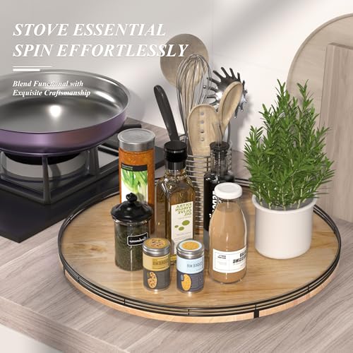 24" Lazy Susan Oak Wood Turntable Organizer for Cabinet, Farmhouse Round Wooden Large Lazy Susan Organization and Storage for Dining Table, Pantry, Kitchen, Countertop, Cupboard, Home Decor - color: Brown & Black, size: 24 inches