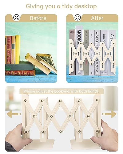 Honagu Adjustable Bookends, Metal Book Ends for Shelves Heavy Book, Desk Magazine File Organizer for Home, Office, Books, Papers, Extends up to 19 inches (Beige) - color: Beige