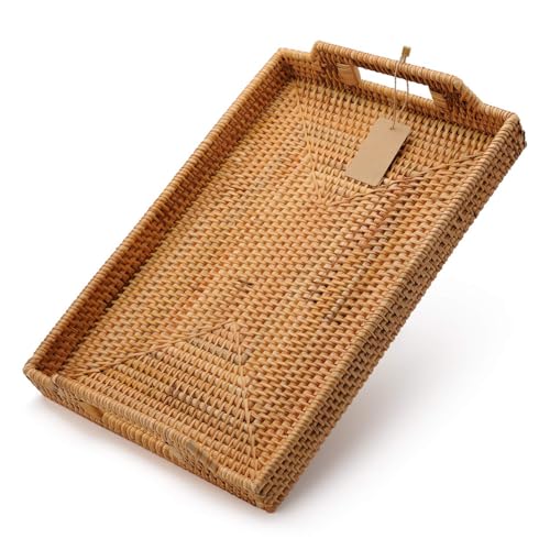 Hand-Woven Rattan Rectangular Serving Tray with Handles for Breakfast, Drinks, Snack for Coffee Table (17x11.4x1.8inches) - size: 17x11.4x1.8inches