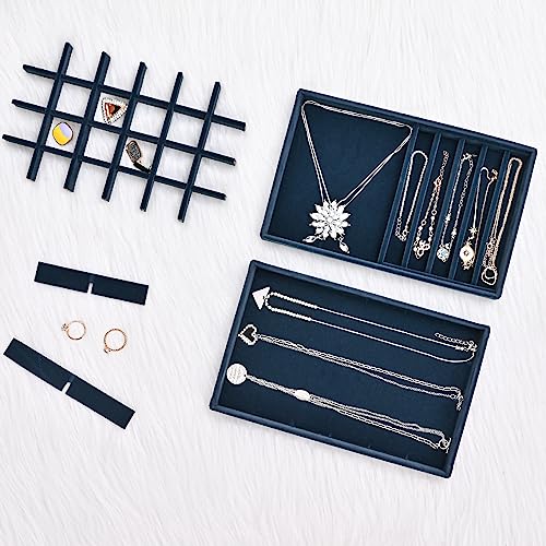 ProCase Stackable Jewelry Organizer Trays for Drawers, Jewelry Drawer Inserts Container Display Case Storage for Earring Necklace Rings Bracelet with Removable Dividers -Darkblue, 4 Layers - color: Darkblue, size: 4 Layers