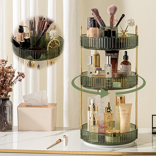shuang qing Rotating Makeup Organizer for Vanity, High-Capacity Skincare Clear Make Up Storage Perfume Organizers Cosmetic Dresser Organizer Countertop 360 Spinning (Green, New-3 Tier) - color: Green, size: New-3 Tier