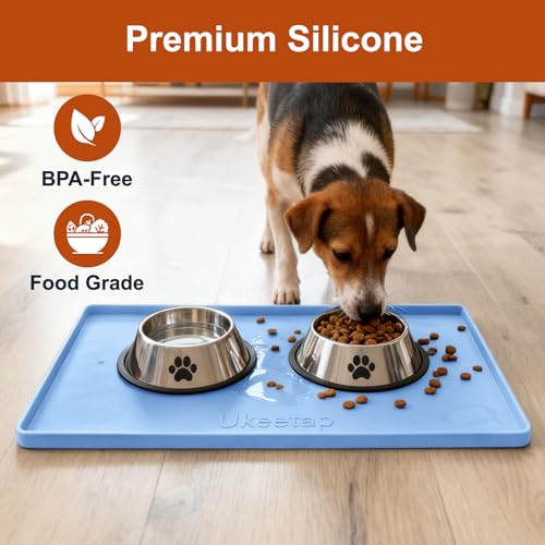 ukeetap Extra Thick Silicone Mat Waterproof with Raised Edge 19” x 12”, BPA Free Non-Slip Dog & Cat Food Mat, Feeding Mat for Food and Water Bowls, Spill Proof Mat to Protect Floors, Blue - color: Blue, size: 19" x 12"