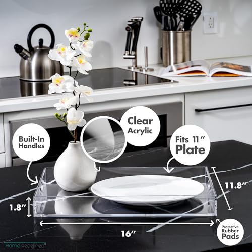 Modern Elegant 16"x12" Rectangle Acrylic Lucite Plastic Decorative Tray Clear Serving Tray with Clear Handles Food Fruit Display Makeup Perfume Storage for All Occasion's By Home Redefined - color: Clear